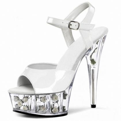Rose High Heels Crystal Summer Shoes Open Toe..