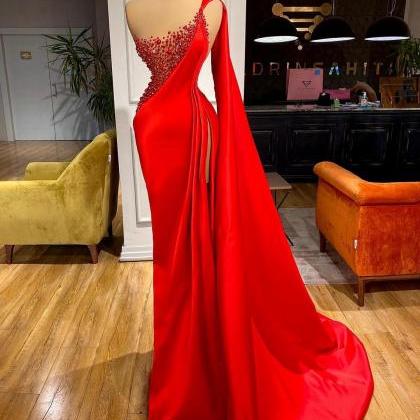 One Shoulder Red Prom Dresses Pearls Beaded Sexy..