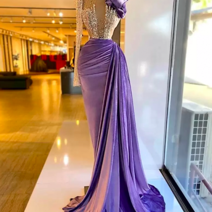 2022 Purple Velvet One Shoulder Evening Dresses..