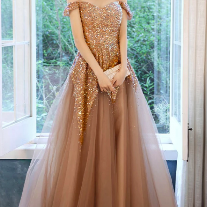 A Line Off Shoulder Tulle Prom Dresses With..