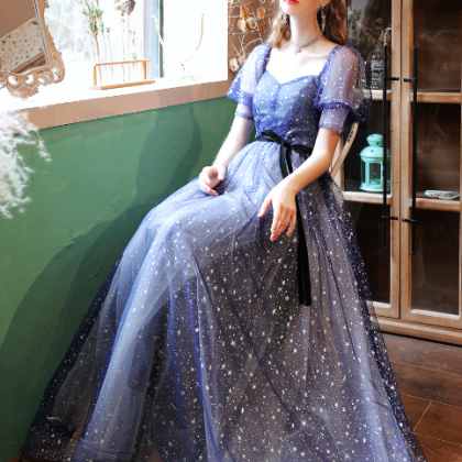A Line Blue Prom Dresses 2022 Long Puff Sleeves..