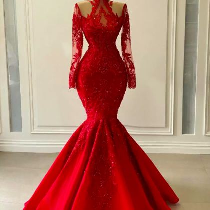 2023 Sexy Arabic Aso Ebi Red Luxurious Lace..