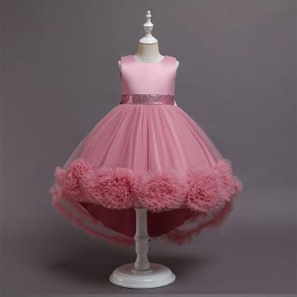 Pink Flower Girls Dresses, High Front And Low Back..