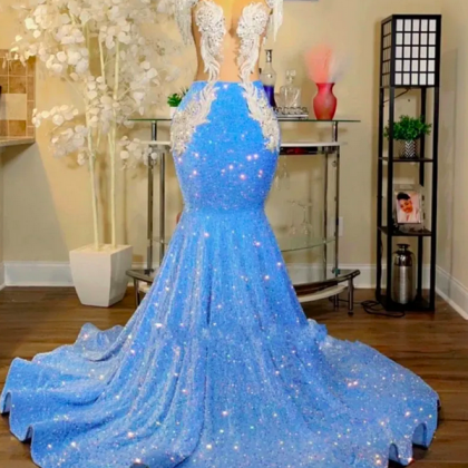 Glitter Light Sky Blue Sequins Prom Party Dresses..