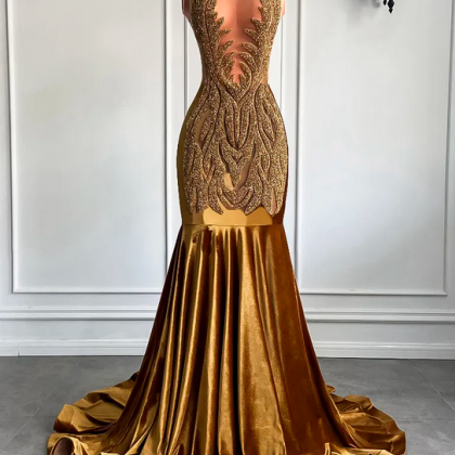 Long Gold Prom Formal Dress 2023 Sheer Top Luxury..