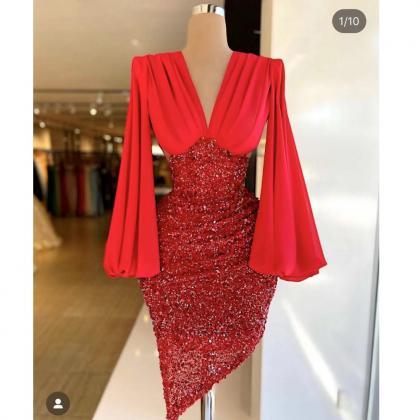 Deep V Neck Prom Dress, Red Prom Dresses, Pleats..