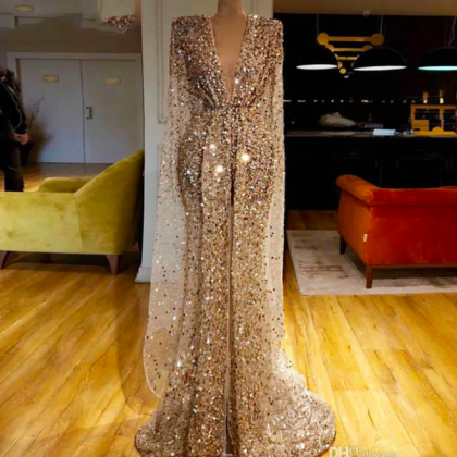 Gold Glitter Prom Dresses Arab Dubai Sequins Beads..
