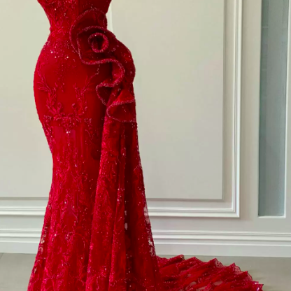 2024 Red Mermaid Evening Dresses Luxury Lace..
