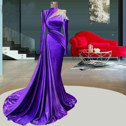 Purple Velour Long Sleeves Elegant Mermaid Evening..