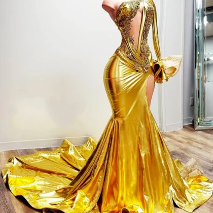 Sparkly Gold Crystal Beading Prom Dresses For..