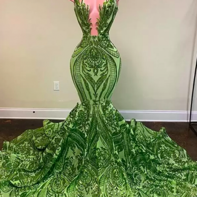 2023 Green Sparkly Sequins Mermaid African Evening Dresses Jewel Neck Illusion Long Graduation Dress Plus Size Formal Sequined Prom Gowns