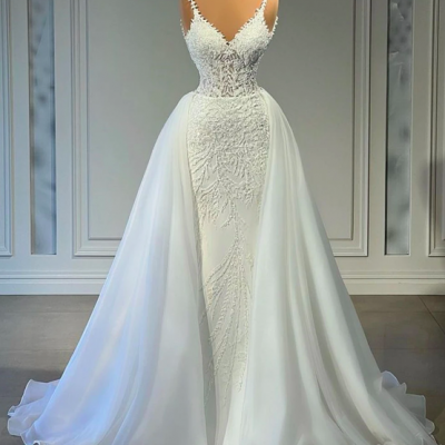 Beautiful Spaghetti Lace Appliques Mermaid Wedding Dress With Detachable Train Luxury Bridal Dress Bride Gowns Vestido De Noiva