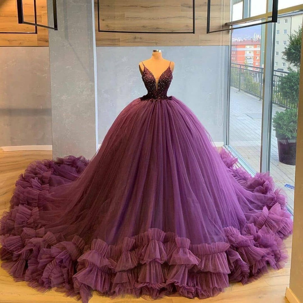 Purple Prom Dresses, Beaded Prom Dresses, Puffy Prom Dresses, Ruffle Prom Dresses, Tulle Prom Dresses, Beaded Evening Dresses, Custom Make