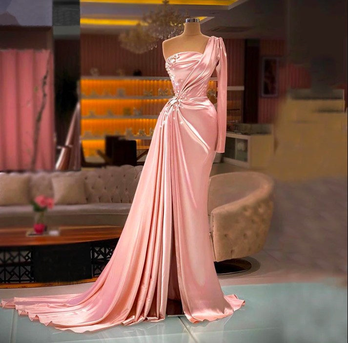 Pink Prom Dresses, One Shoulder Prom Dresses, Long Sleeve Prom Dresses,custom Make Prom Dresses, Satin Evening Dresses, Fahsion Party Dresses,