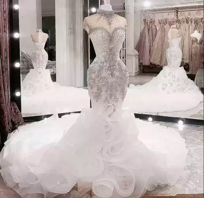 Plus Size Arabic Aso Ebi Wedding Dresses Luxurious Beaded Crystals High Neck Mermaid Bridal Dresses Sheer Neck Wedding Gowns