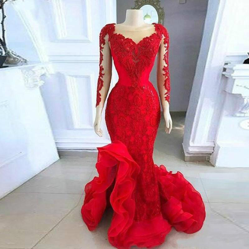 Red Mermaid Evening Dresses Scoop Neckline Long Illusion Sleeve Prom Dress With Lace Applique Sweep Train Custom Made Party Gown