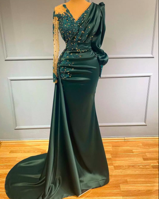 2021 Dark Green V Neck Evening Dresses Party Wear Satin Crystal Long Sleeves Mermaid Prom Dress Custom Made Women Formal Gowns