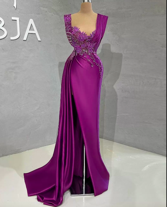 2022 Plus Size Arabic Aso Ebi Purple Mermaid Luxurious Evening Dresses Beaded Crystals Prom Formal Party Second Reception Birthday Engagement