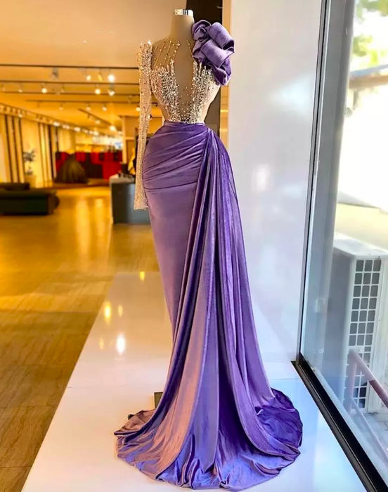 2022 Purple Velvet One Shoulder Evening Dresses Beaded Ruffles Formal Dress For Women Elegant Mermaid Pleats Robe De Fiesta