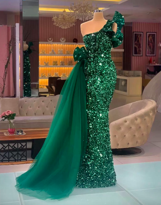 Arabic Dark Green Sequined Mermaid Formal Evening Dresses Glitter One Shoulder Ruffles Prom Dress Peplum Floor Length Women Shiny Special
