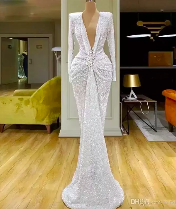 Sexy White Mermaid Evening Dresses Deep V Neck Beads Long Sleeve Sequined Prom Party Dresses Ruched Waist Robe De Soiree