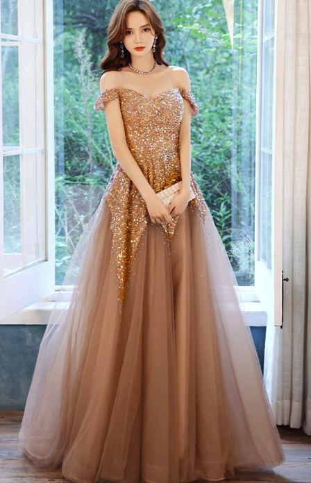 A Line Off Shoulder Tulle Prom Dresses With Sequins Women's Prom Party Dresses Formal Evening Dress Prom Gown
