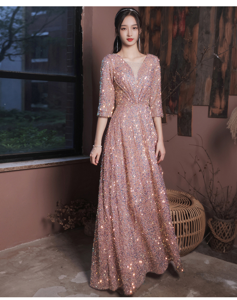 Pink long sleeve sequence sparkly formal gown