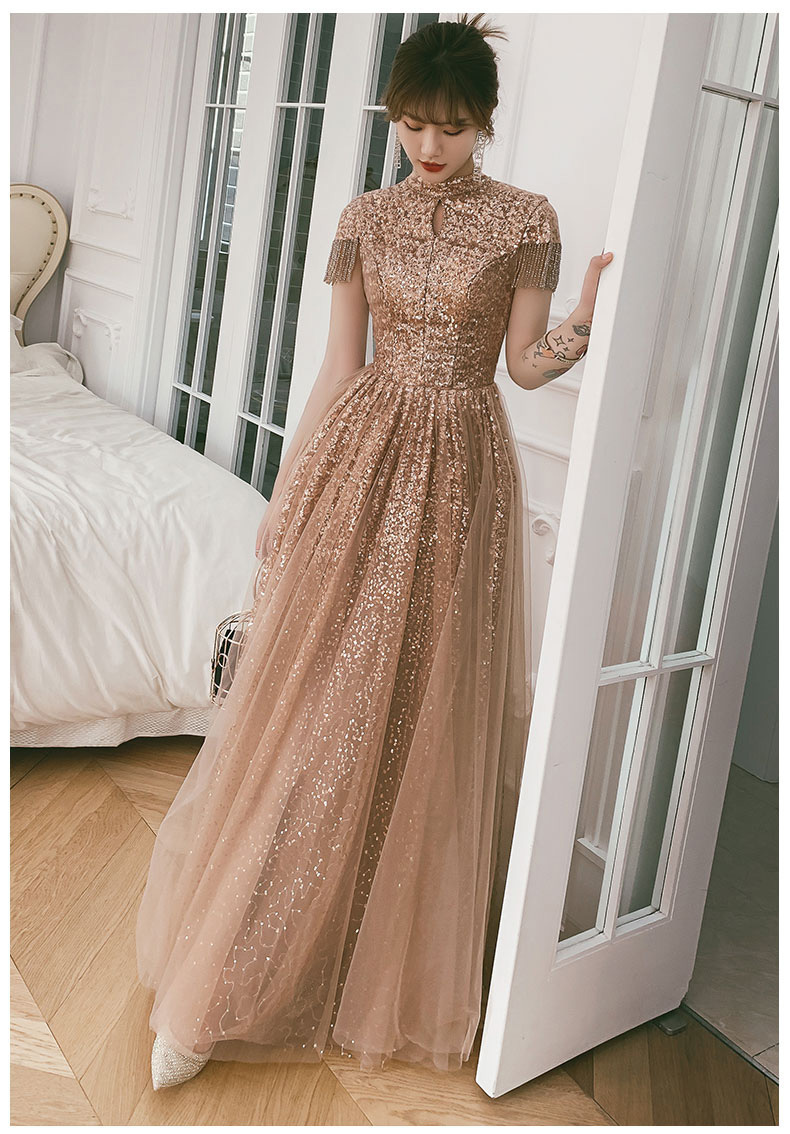 Sparkly Sequin Evening Dresses With Beads Elegant O-neck A-line Floor-length Backless Long Prom Gowns