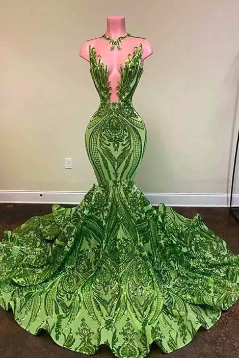 2023 Green Sparkly Sequins Mermaid African Evening Dresses Jewel Neck Illusion Long Graduation Dress Plus Size Formal Sequined Prom Gowns