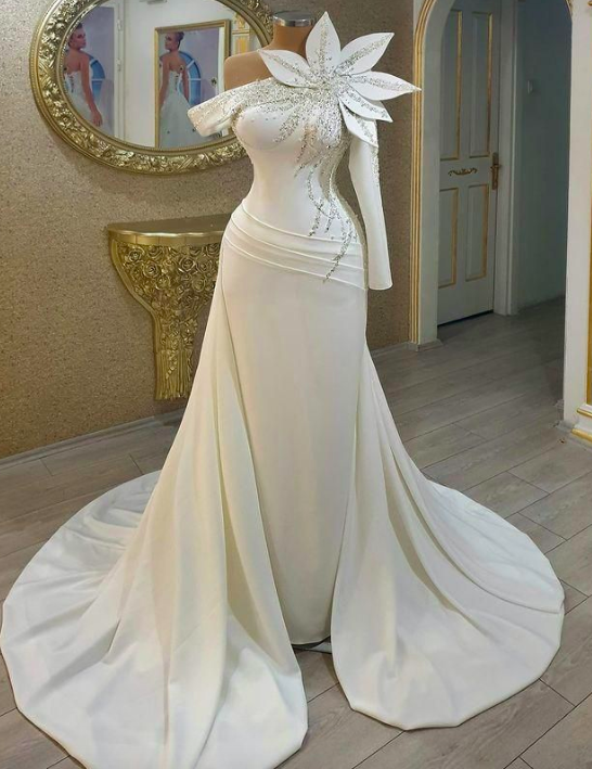 2022 Sexy Mermaid Wedding Dresses Gowns Off Shoulder Long Sleeve Crystal Bridal Formal Wears