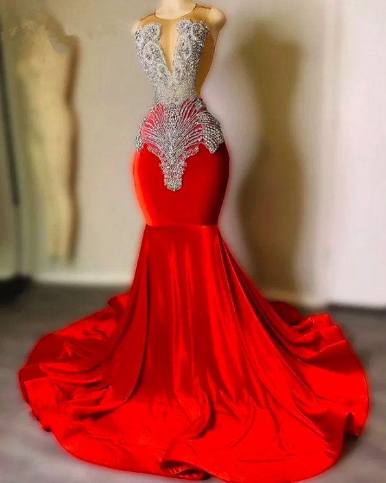 2023 Red Mermaid Prom Dress Beading Crystal Rhinestone Birthday Graduation Party Dress Gowns Vestidos De Gala Robe De Soiree