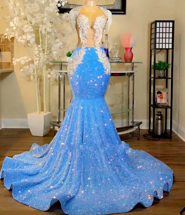 Glitter Light Sky Blue Sequins Prom Party Dresses 2023 Sexy Backless Lace Appliuqe Black Girl Birthday Party Evening Gowns Vestidos De Gala Robe