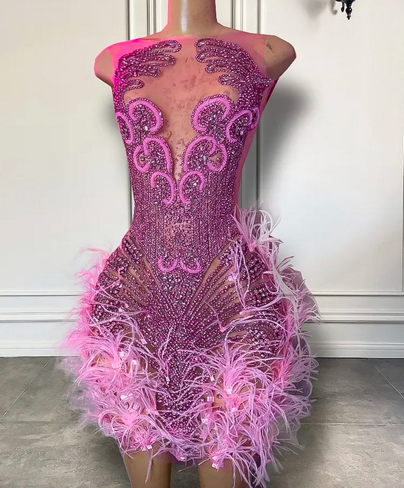 Stunning Sparkly Luxury Diamond Short Women Prom Dress 2023 Sexy Sheer Pink Feather Birthday Party Cocktail Gowns Robe De Soiree Vestidos Feast