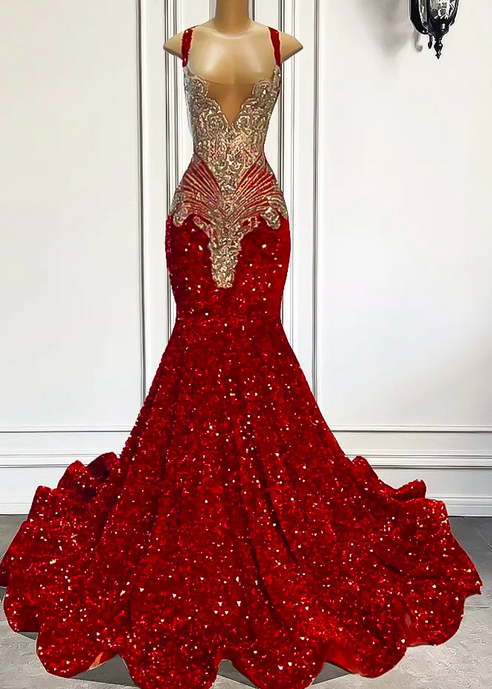 Gorgeous Long Prom Dress 2023 Mermaid Style Luxury Sparkly Silver Crystals Red Sequin Black Girls Evening Party Formal Gowns Robe De Soiree