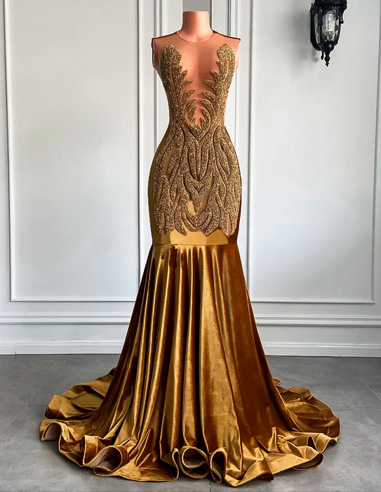Long Gold Prom Formal Dress 2023 Sheer Top Luxury Sparkly Diamond Velvet Black Girl Mermaid Evening Party Gala Gowns Arabic Dubai Robe De Soiree