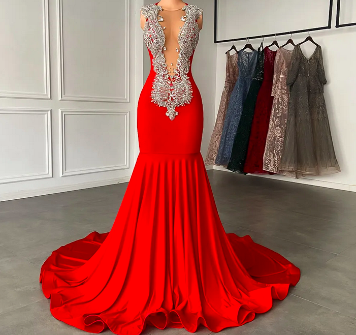 Mermaid Prom Dress 2023 Luxury Sparkly Silver Handmade Diamond Red Evening Birthday Dress Black Girl Sheer Scoop Neck Robe De Soiree Customed