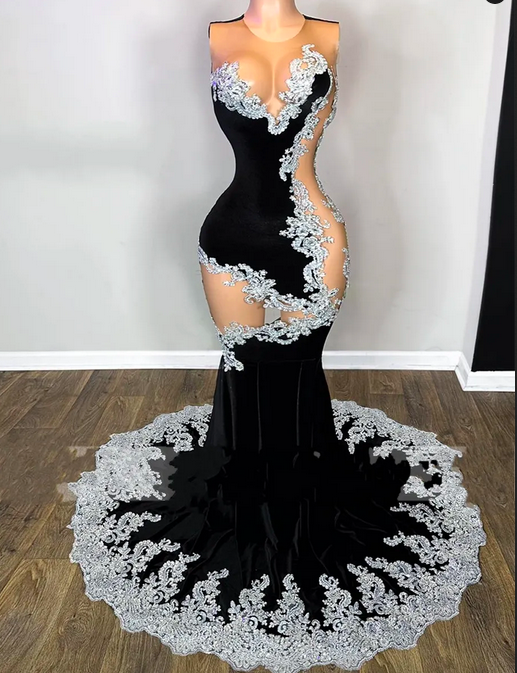 Lace Appliques Black Velvet Mermaid Prom Dress 2023 Luxury Gown Sexy Mermaid Evening Birthday Dress Black Girl O Neck Robe De Soiree Customed