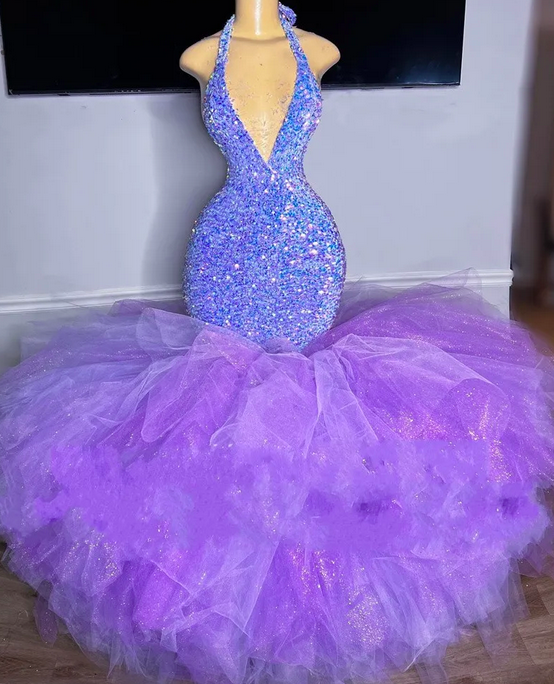 Purple Sequins Mermaid Prom Dress 2023 For Black Girls Halter Ruffles Backless Evening Formal Party Gonws Organza Tiered Robe De Soiree