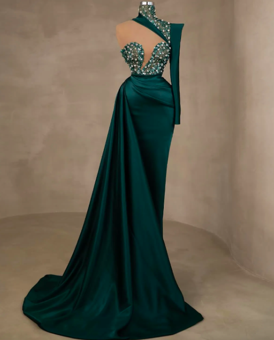 2023 Aso Ebi Arabic Hunter Green Mermaid Prom Dress Satin Crystals Evening Formal Party Second Reception Birthday Engagement Gowns Dresses Robe