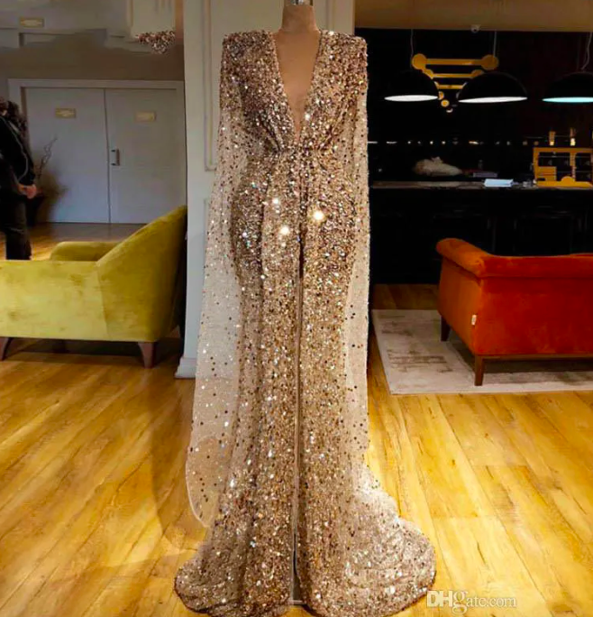 Gold Glitter Prom Dresses Arab Dubai Sequins Beads V Neck Mermaid Evening Dresses Luxury Long Sleeves Pageant Dress Custom Made