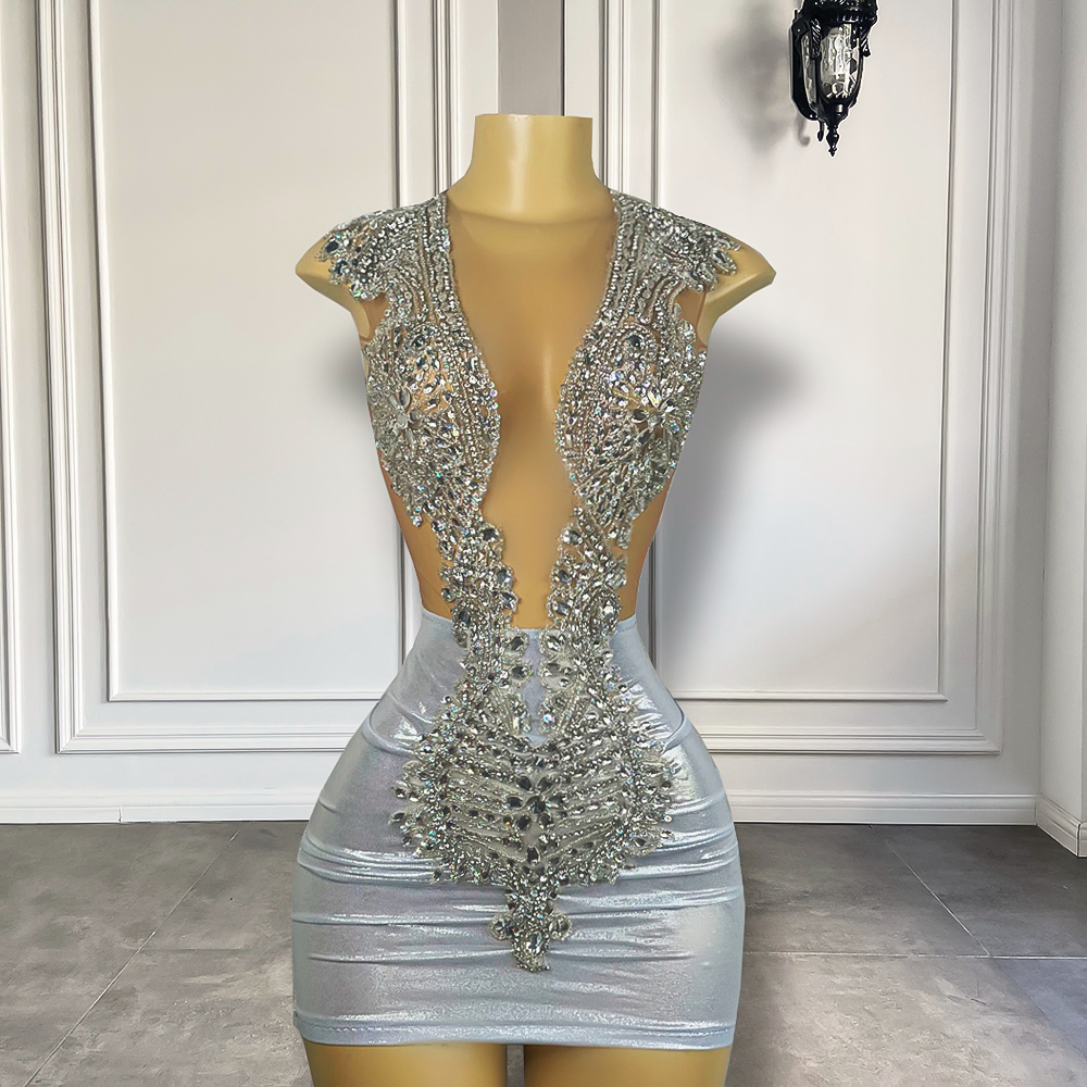Silver Sparkly Handmade Diamond Birthday Party Formal Women Gowns Sexy See Through Black Girls Short Mini Prom Dresses 2023