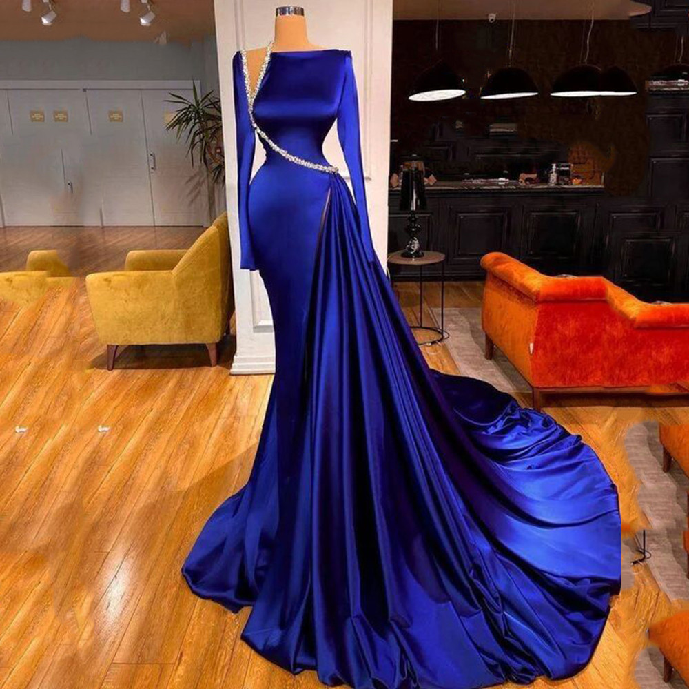 Royal Blue Prom Dresses Luxury Long Sleeves Mermaid Evening Dress For Women Beading Draped Satin Formal Party Gwons 2023 Custom