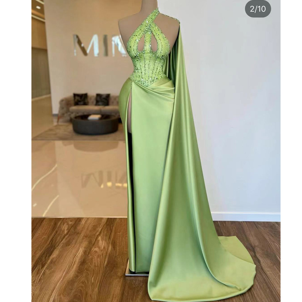 Green Prom Dresses, 2024 Prom Dresses, High Neck Evening Dresses, Sexy Formal Dresses, Satin Evening Dresses, Beading Evening Dresses, Sexy Prom