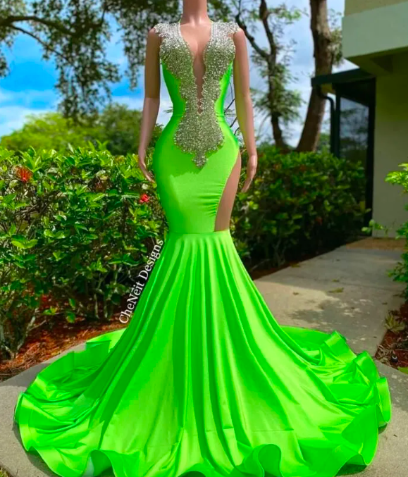 2023 Prom Dresses Green Orange Mermaid African Deep V Neck Crystals Beads  Black Girls Long Graduatio on Luulla