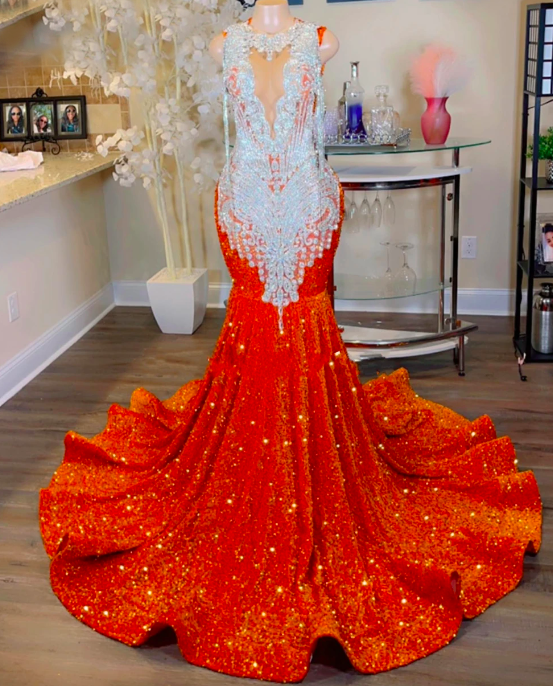 Silver Crystal Beading Luxury Orange Sequin Prom Dresses 2023 For Black Girl Tassels Mermaid Wedding Evening Dress O Neck Formal