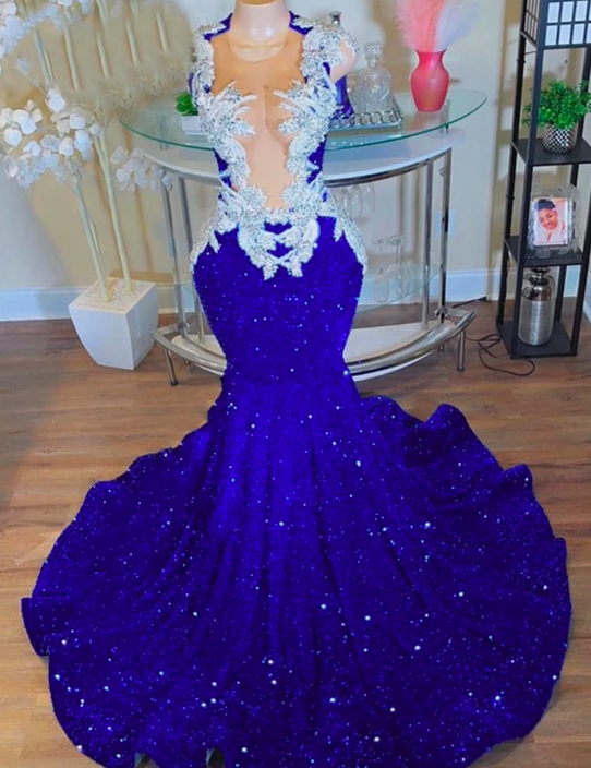 Fashionstyle Elegant Royal Blue Sequin Prom Dresses for Black Girls O Neck Silver Beaded Applique Mermaid Cocktail Dress Formal Occasion Gown