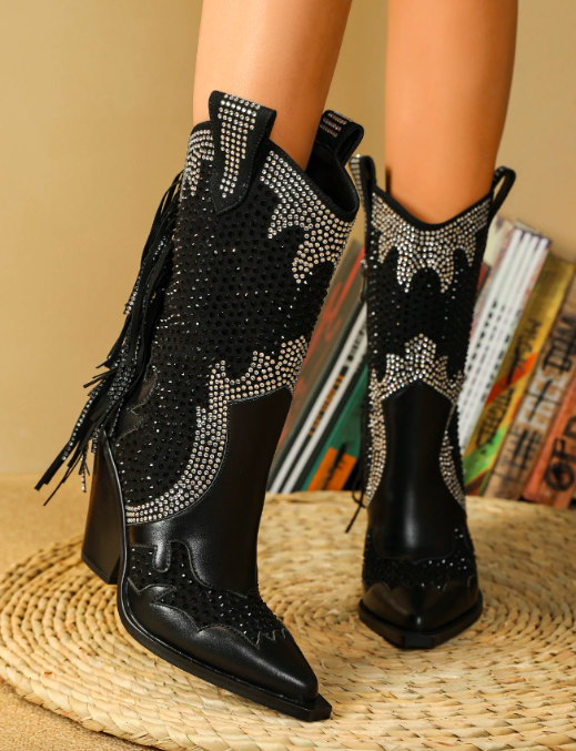 Horsetail Arravial Popular Retro Fashion Chunky Heel Boots With Rhinestone