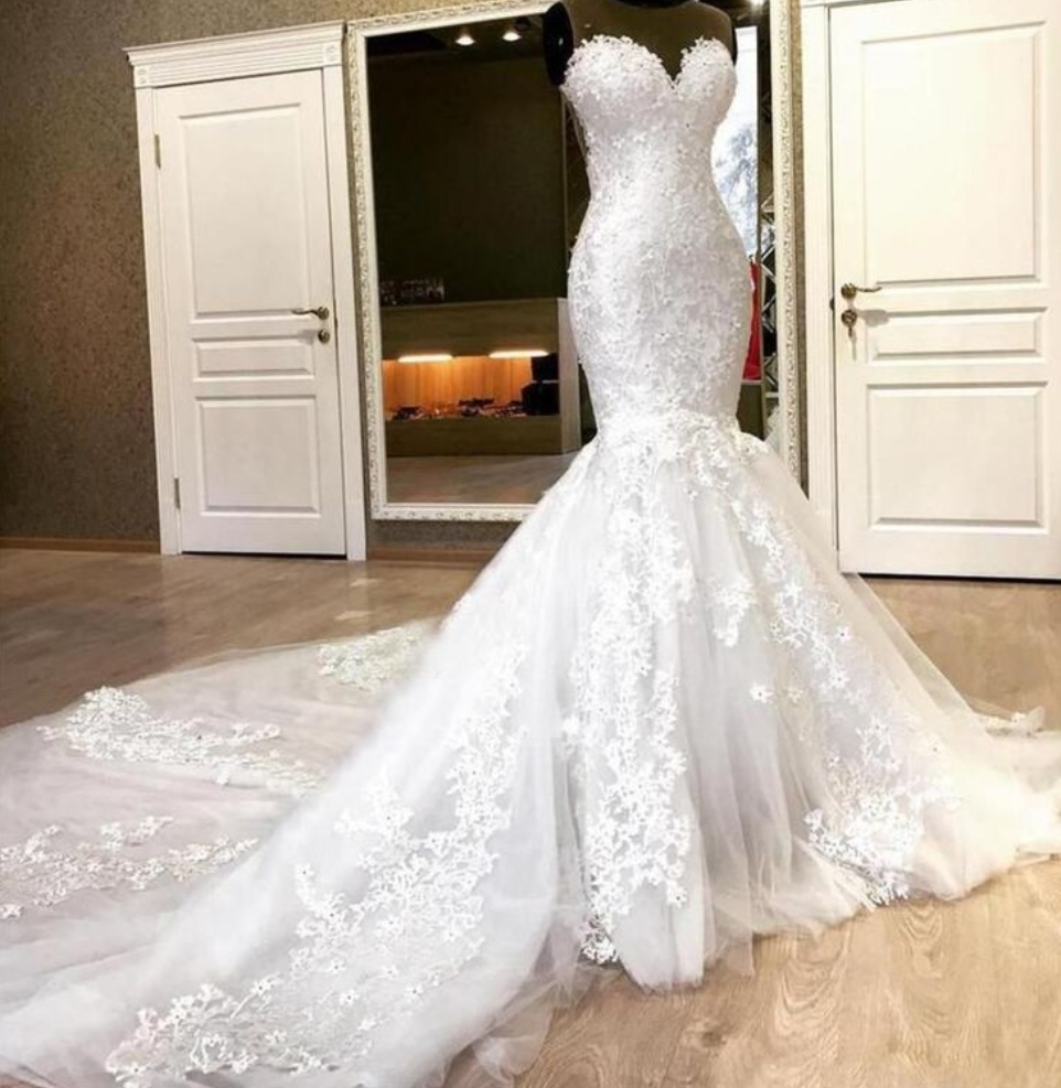 knee length dresses for ladies Mermaid V Neck Lace Wedding Dress with Appliques AB4060803 – Anniebride main image 1