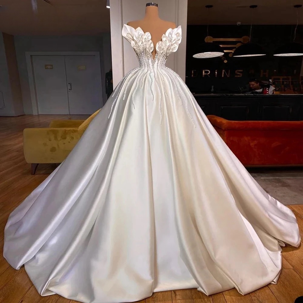 White Chiffon Wedding Dress For Bride - Long Sleeves A-Line Gown, Deep V Neck With Slit, Tea Length Bridal Dress