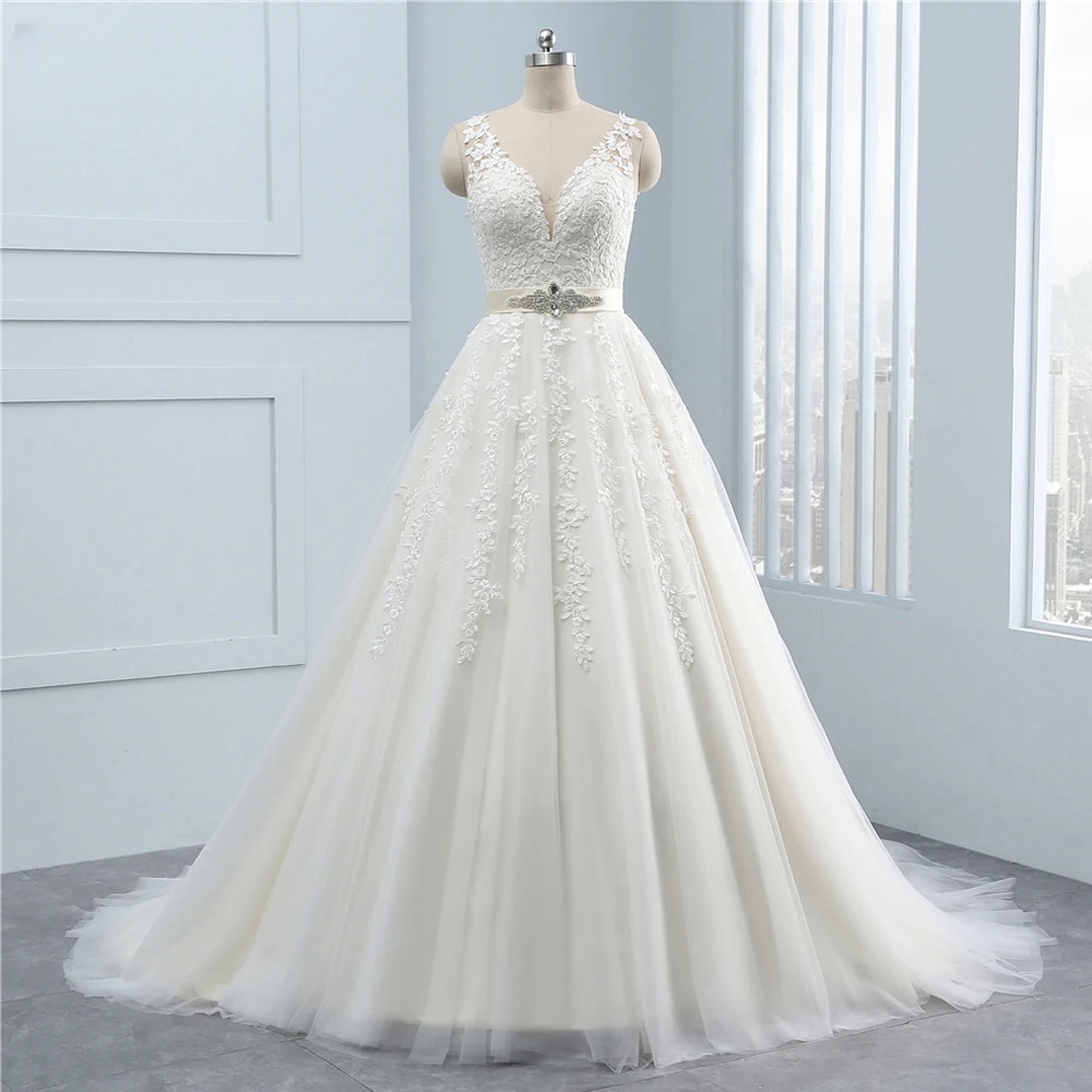 A-line V-neck Tulle Wedding Dresses Real Photos Floor Length Sleeveless  Backless Appliques Bridal Dr on Luulla